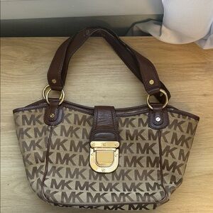 Michael Kors Brown MK Logo Shoulder Bag with Gold Hardware